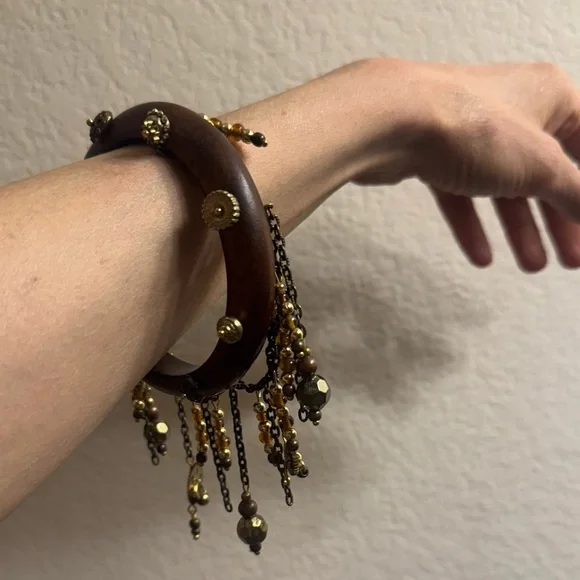 Wooden Bracelet with Gold Accents and Chains - Picture 8 of 13